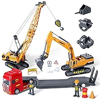 Toy Construction Truck for Boys, Construction Vehicles Excavator, Crane, Semi Tractor Lowboy Truck Trailer, Sandbox Toys Gift for Ages 3 and Up Kids Toddler Children Ideal Birthday Party Favor Playset
