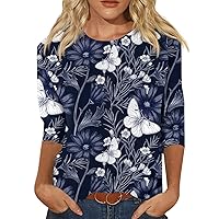 Concert Tops for Women, Women's Fashion Casual Printed Round Neck Seven-Point Sleeve Top Blouse