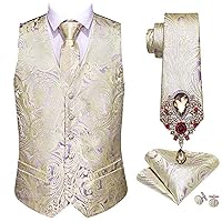 Black 5Pcs Mens Wedding Suit Vest Gold Floral Jacquard Silk Waistcoat Tie Brooches Vest Set