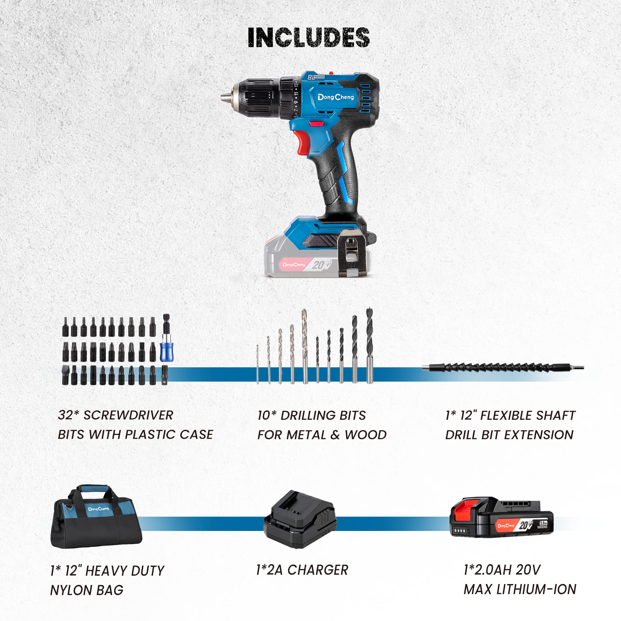 DongCheng Cordless Drill Driver 20V Max,1/2” Keyless Chuck Brushless Power Drill (0-600/2000RPM) with 42pcs Drilling/Driver Kit, 2.0 Ah Li-ion Battery and Fast Charger, DCJZ2050