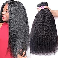 UNice Hair 10A Yaki Kinky Straight Human Hair 3 Bundles 100% Unprocessed Mongolian Virgin Human Hair Weave Extensions Natural Color (18 18 18 inch)
