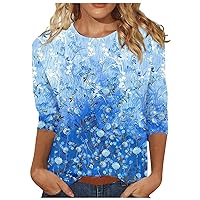Summer Cute Tunic T-Shirt for Women 2024 Three Quarter Sleeve Camping Print Boxy Fit Blouses Crewneck Soft Tops