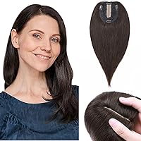 Human Hair Toppers for Women with Thinning Hair, 120% Density Large Silk Base Clip in Short Hair Topper Pieces No Bang Hairpieces for Hair Loss Cover Gray Hair, 12 Inch (#02 Dark Brown)