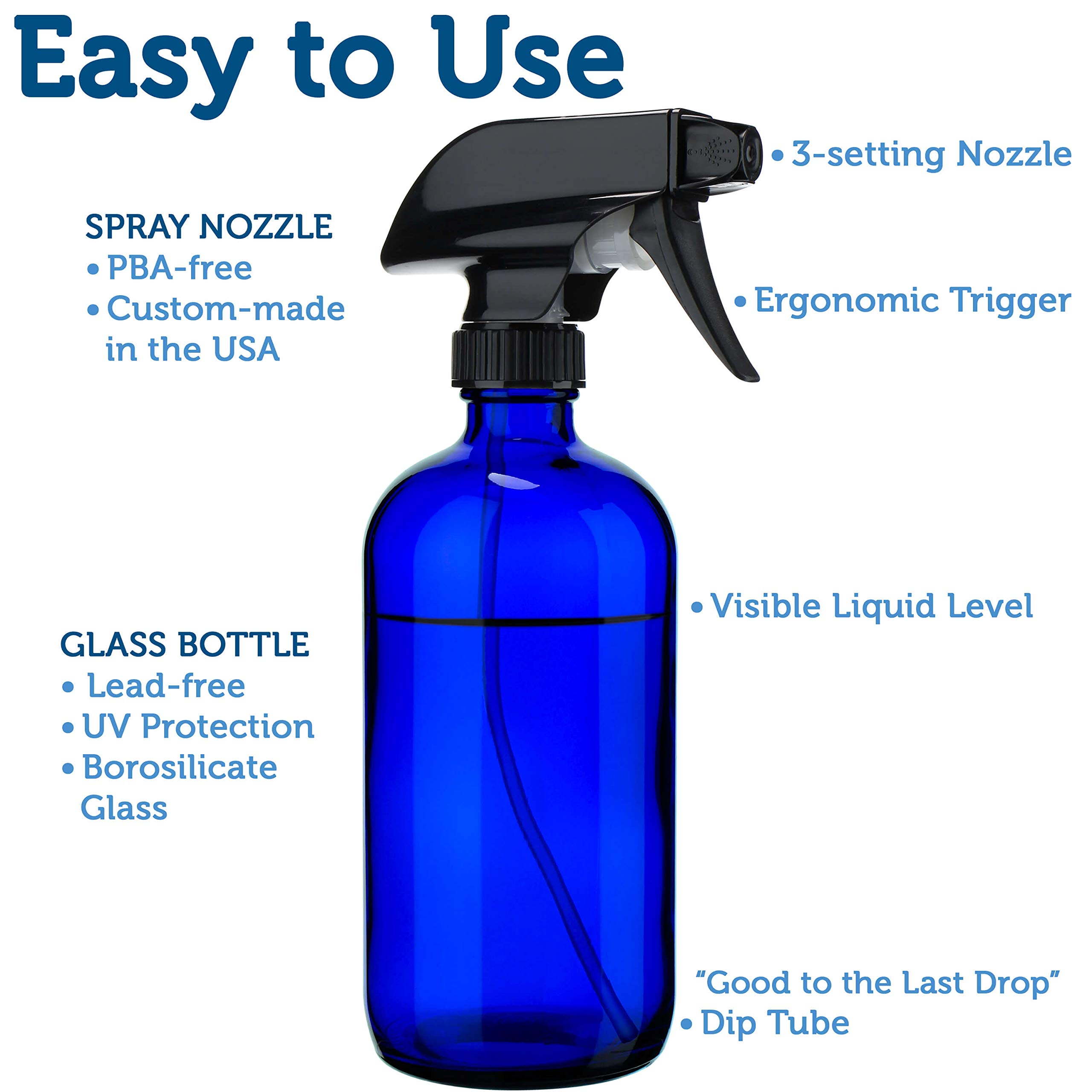 Empty Blue Glass Spray Bottles (2 Pack) - BPA Free - Large 16 oz Refillable Bottle for Plants, Pets, Essential Oils, Cleaning Products - Black Trigger Sprayer w/Mist and Stream Settings