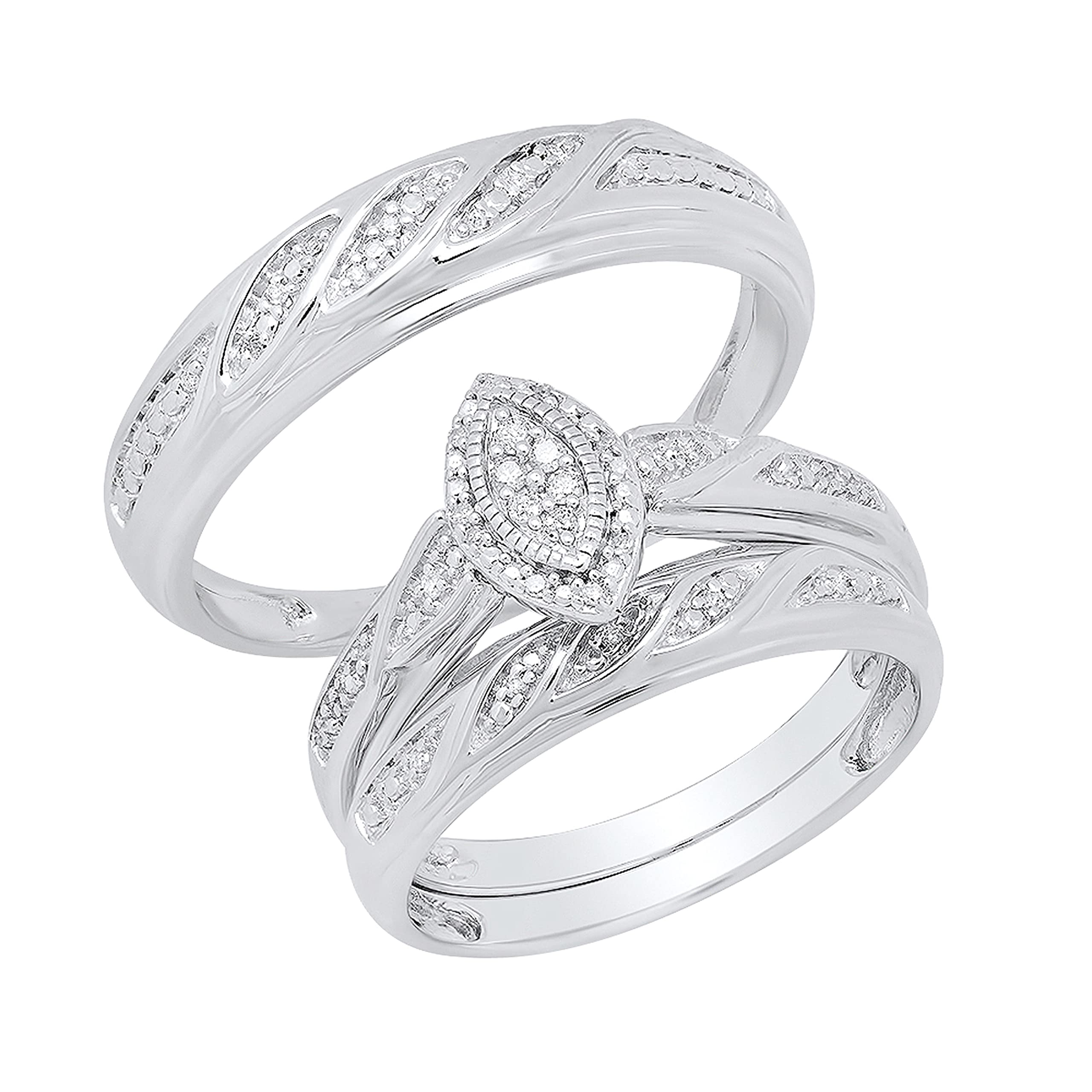 Dazzlingrock Collection Round White Diamond Marquise Shape Engagement Ring Trio Set for Mens & Womens (0.12 ctw, Color I-J, Clarity I2-I3) in Sterling Silver