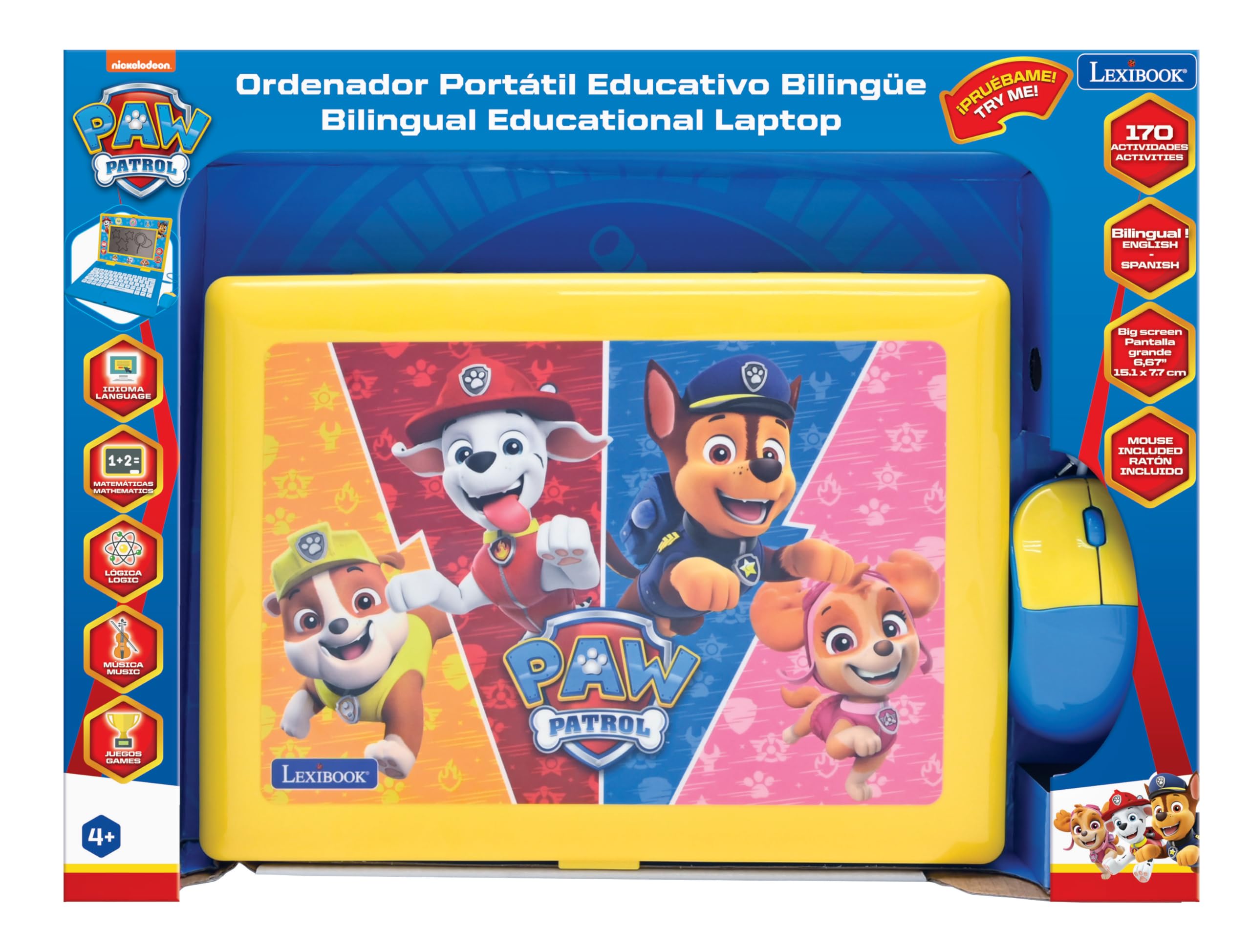 LEXiBOOK - Paw Patrol - Bilingual and Educational Laptop English/Spanish - Toy for Children, 170 Activities to Learn, Play Games and Music, Large Screen - JC599PAi2