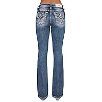 Miss Me Women's Mid-Rise Crossed Bands Embellished Faux Flap Pocket Slim Boot Jeans