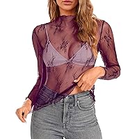 Women's Mesh Top Long Sleeve Mock Neck Lace Sheer Undershirt Sexy Floral See Through Shirts Party Club Night Blouse