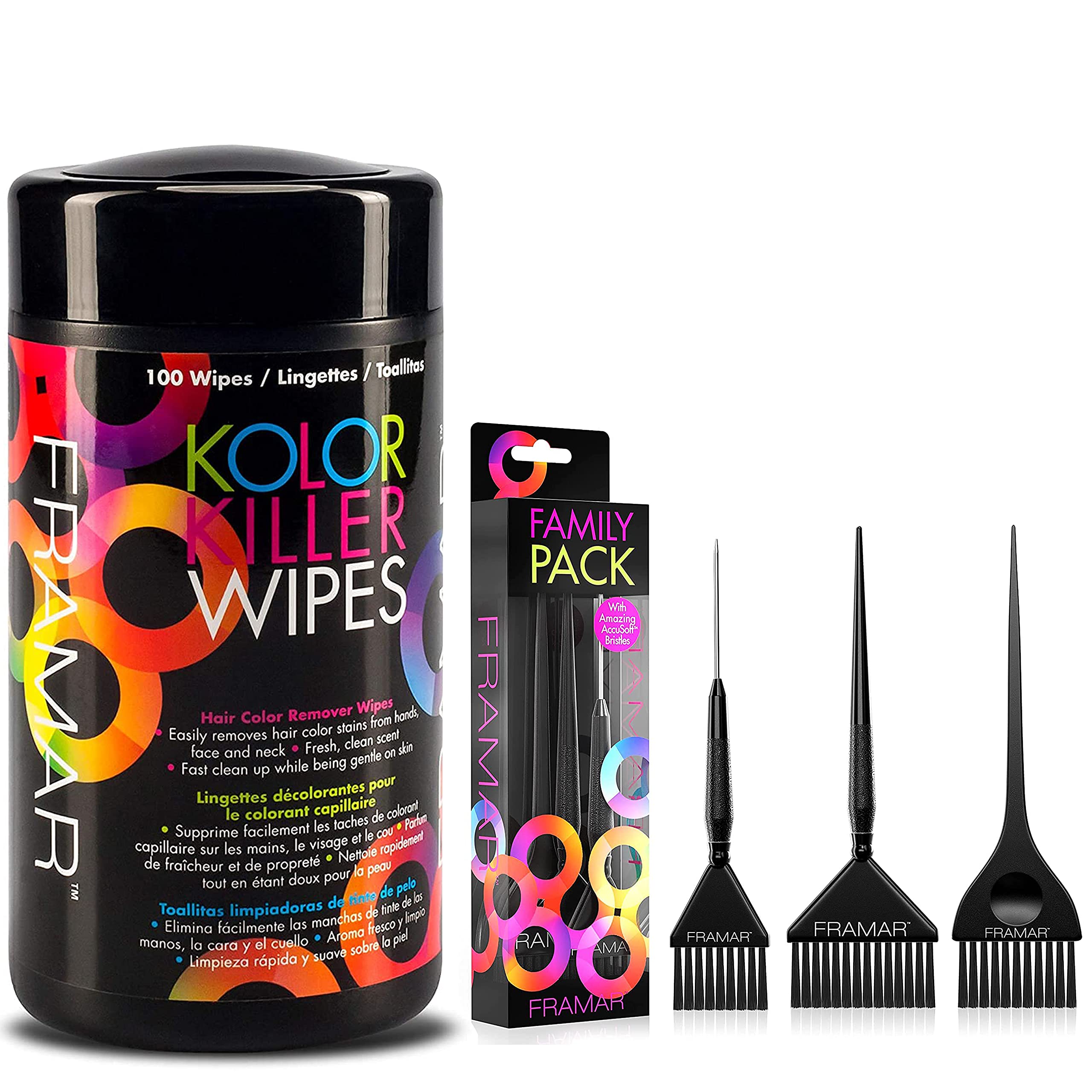 Framar Kolor Killer Wipes – Hair Dye Remover + Framar Family Pack Hair Color Brush Set