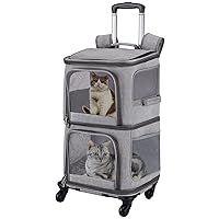 Double Pet Carrier Backpack with Wheels for Small Cats and Dogs, Rolling Cat Travel Carrier, Super Ventilated Design, Ideal for Traveling/Hiking/Camping, Grey