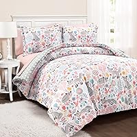 Lush Decor Pixie Fox Reversible Comforter Set, 5 Piece Set, Twin XL, Pink & Gray - Kids Bedding with Sheet Set - Comforter Set for Girls - Toddler Bedding - Floral & Hearts - Woodland Bedroom Decor