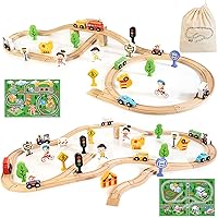 Wooden Train Set for Toddlers 2-4,Compatible with Thomas, Brio, with Wooden Tracks, 53pcs Expandable Train Toy for 2 Year Old Boys and Girls, Comes with Playmat and Drawstring Bag