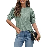 Blooming Jelly Womens Dressy Casual Tops Puff Sleeve Crew Neck Eyelet Shirts Business Cute Blouse Fashion Tshirts