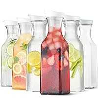 Plastic 50 Oz Water Carafe with Flip Top Lid, Set of 6 Square Base Clear Plastic Juice Container Pitcher - for Water, Iced Tea, Juice, Beverage, Lemonade, Milk and Mimosa Bar - HAND WASH ONLY