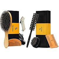 100% Boar Bristle Hair Brush for Men Set and 100% Round Boar Bristle Beard Brush for Men Trio Black Set Bundle