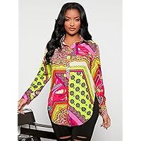 Womens Summer Tops Patchwork Print Curved Hem Shirt (Color : Multicolor, Size : X-Small)