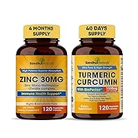 Sandhu Herbals Zinc 30 mg and Organic Turmeric Curcumin with Bioperine Black Pepper Extract | Supports Healthy Skin, Immune System, Joint & Healthy Inflammatory Support | Non-GMO, Made in USA