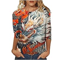 3/4 Sleeve Shirts for Women Novelty Chinese Dragon Graphic Blouses Chinese Dragon T-Shirt Funny Anime Graphic Tee Shirt