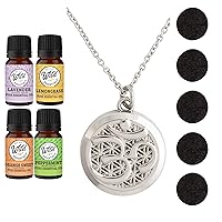 Wild Essentials Silver Aum Om Necklace Essential Oil Diffuser Kit With Lavender, Lemongrass, Peppermint, Orange Oils, 6 Refill Pads, Calming Aromatherapy Gift Set, Customizable Color Changing, Perfume