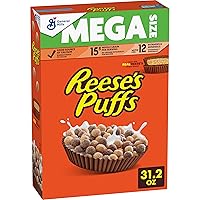 REESE’S PUFFS Chocolatey Peanut Butter Cereal, Kid Breakfast Cereal, Mega Size, 31.2 oz