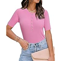 Messic Womens Summer Short Sleeve Crewneck Ribbed Knit Shirts Business Button Down Basic Tee Tops