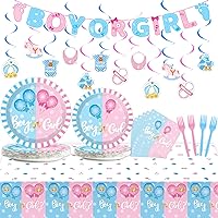 Gender Reveal Party Decorations Tableware Set Including Baby Reveal Tableware Serves 24 Guests Plates Napkin Banners Cake Toppers Swirls For Boy or Girl Party Supplies And Baby Shower Favors 166Pcs