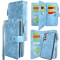 Harryshell Detachable Magnetic Zipper Wallet Leather Case with Cash Coin Pocket 12 Card Slots Holder Wrist Strap Lanyard for Samsung Galaxy S23+ S23 Plus 5G (2023) (Flower Sky Blue)