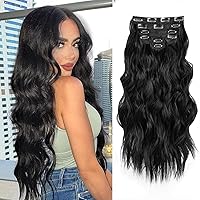 NAYOO Clip in Hair Extensions for Women 20 Inch Long Wavy Curly Natural Black Hair Extension Full Head Synthetic Hair Extension Hairpieces(6PCS,Natural Black)