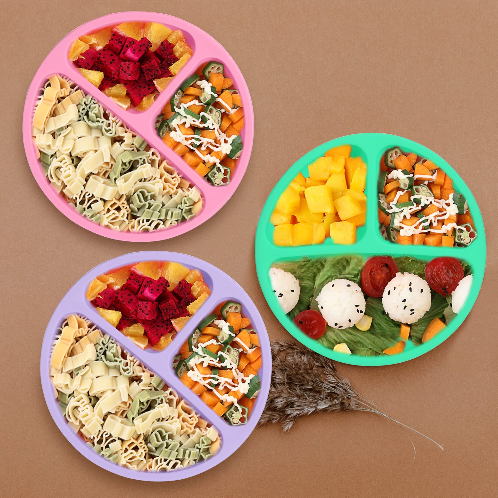 Cibeat 3pcs Toddler Plates with Suction, 100% Safe BPA Free Soft Toddler Plates Silicone Divided Plates, Portable Dinner Plates for Kids, Dishwasher, Microwave and Oven Safe