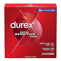 Durex Extra Sensitive Condoms, Ultra Thin, Regular Fit, Lubricated Natural Rubber Latex Condoms for Men, FSA & HSA Eligible, 42 Count
