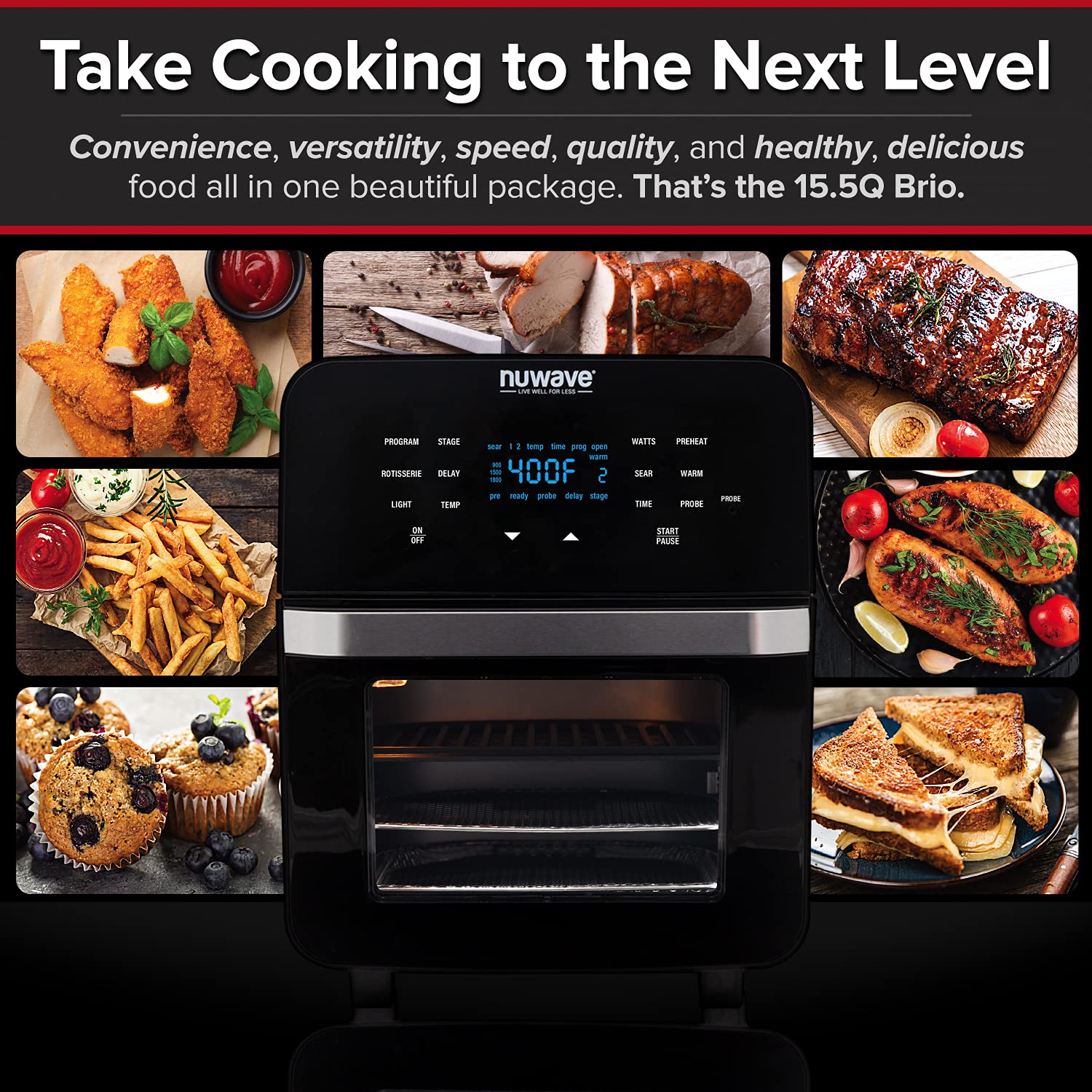 Nuwave Brio 15.5Qt Air Fryer Rotisserie Oven, X-Large Family Size, Powerful 1800W, 4 Rack Positions, 50°-425°F Temp Controls, 100 Presets & 50 Memory, Integrated Smart Thermometer, Linear T Technology