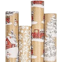 RUSPEPA Christmas Wrapping Paper, Kraft Paper - Snowflake, Snowman, Red Truck and Christmas Tree - 4 Rolls - 30 inches x 10 feet per Roll