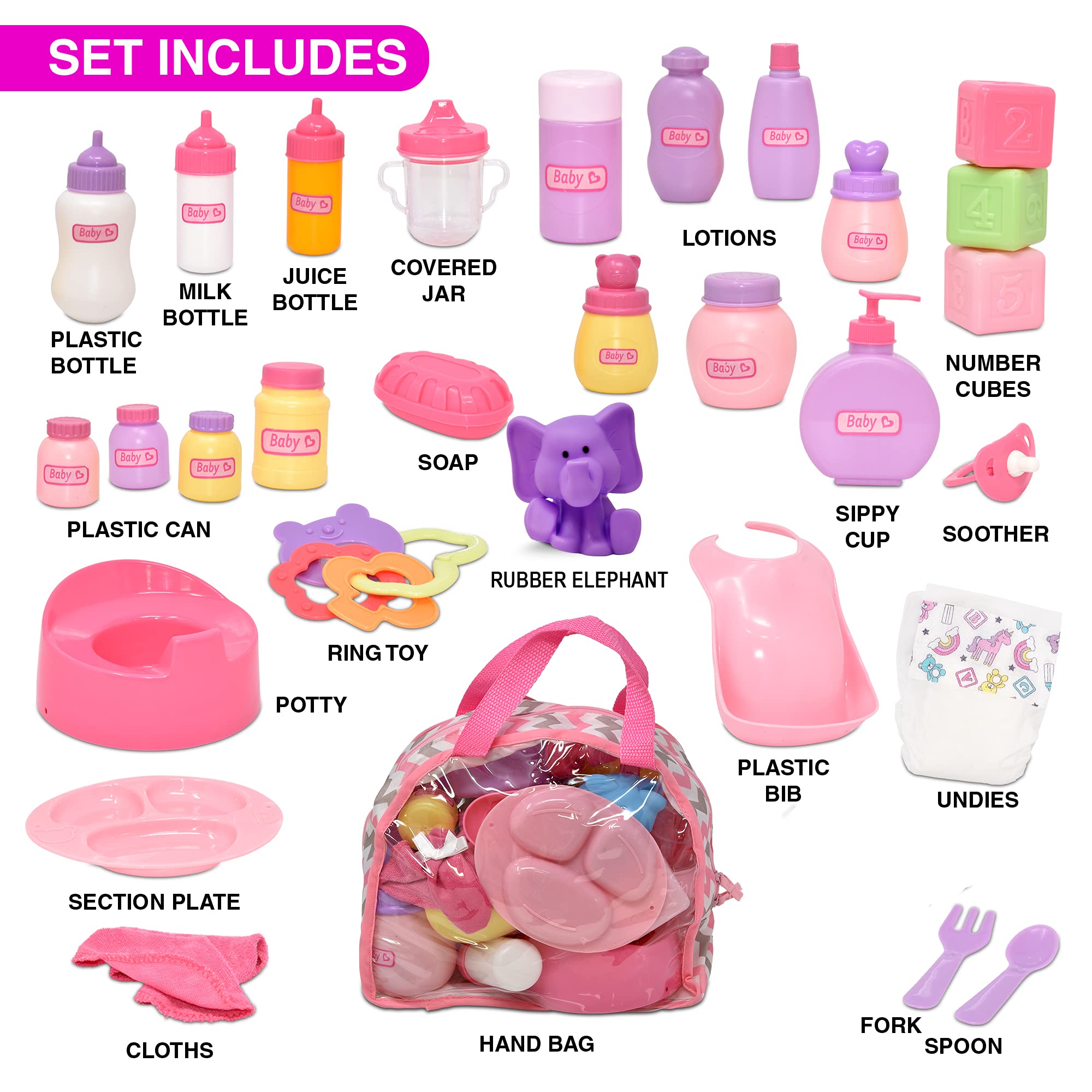 Baby Doll Accessories, Baby Doll Diaper Bag Set with Doll Toy Accessories Carry Along Case with Feeding and Caring Baby Accessories, Baby Bottles Diapers Bath Toys Pacifier for Dolls and More