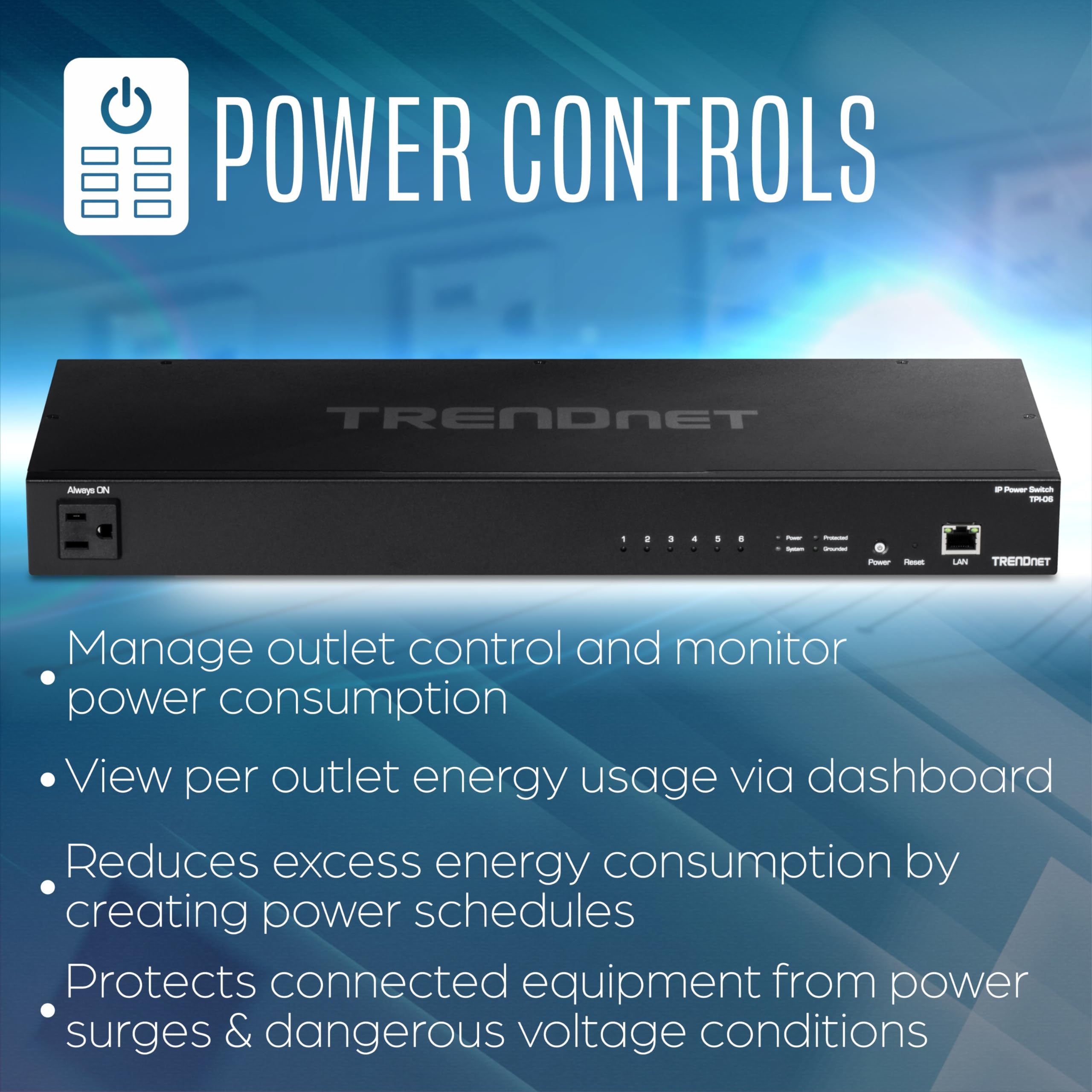 TRENDnet 6-Outlet Managed PDU, Rackmount Power Distribution Unit, 1 x NEMA 5-15R Bypass Power Outlet, 1 x Gigabit RJ-45 Port, Overload Protection, Surge Protection 2160J, Black, TPI-06