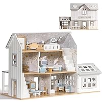 ROBOTIME Dollhouse, Wooden Doll House with 25 Pieces of Furniture, 6 Rooms, Wooden Dollhouse with Stable for 4, 5, 6-Inch Dolls, Dollhouse Gift for Kids Ages 3+