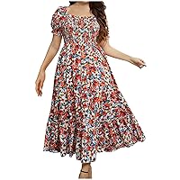 Plus Size Summer Boho Floral Square/V Neck A-Line Dress for Women Puff Short Sleeve Ruffle Hem Waist-Defined Dresses