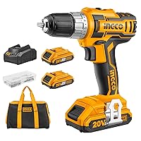 INGCO Lithium-Ion Cordless Combi Drill 20V Drill Driver with 2Pcs 2.0Ah Battery Pack, 1Pcs Fast Charger,1Pcs Canvas Bag, 47Pcs Accessories CDLI20023