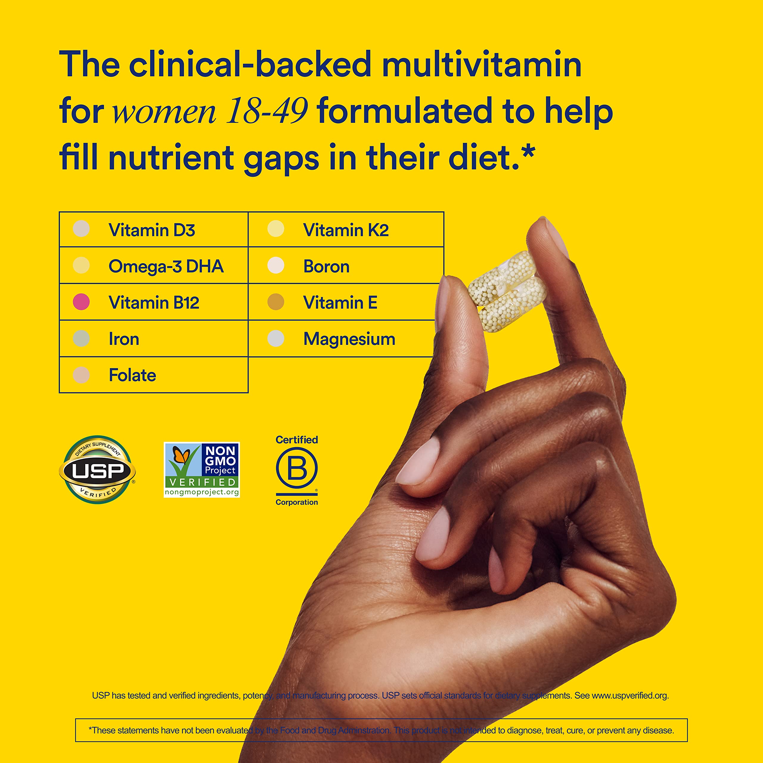 Ritual Multivitamin for Women 18+, Clinical-Backed Multivitamin with Vitamin D3 for Immune Support*, Vegan Omega 3 DHA, B12, Iron, Gluten Free, Non GMO, USP Verifed, 30 Day Supply, 60 Capsules