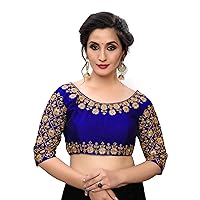 TreegoArt Women's Embroidered Indian Ethnic Phantom Silk Readymade Blouse With Round Neck -(BL-20038-Blue)