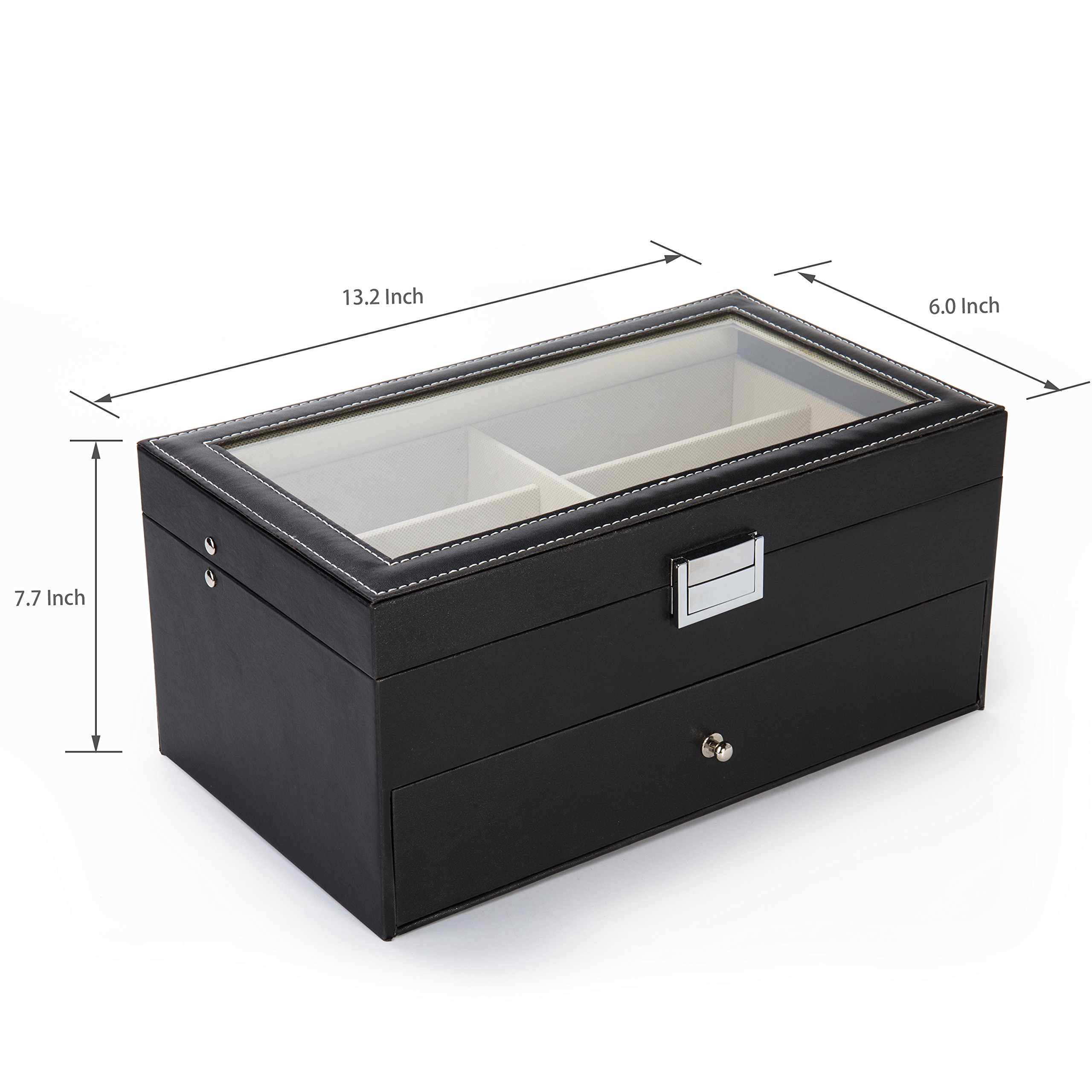 MyGift Deluxe Black Sunglass Storage Case - 12 Slot Eyewear Display Box with Glass Lid and Leatherette Trim