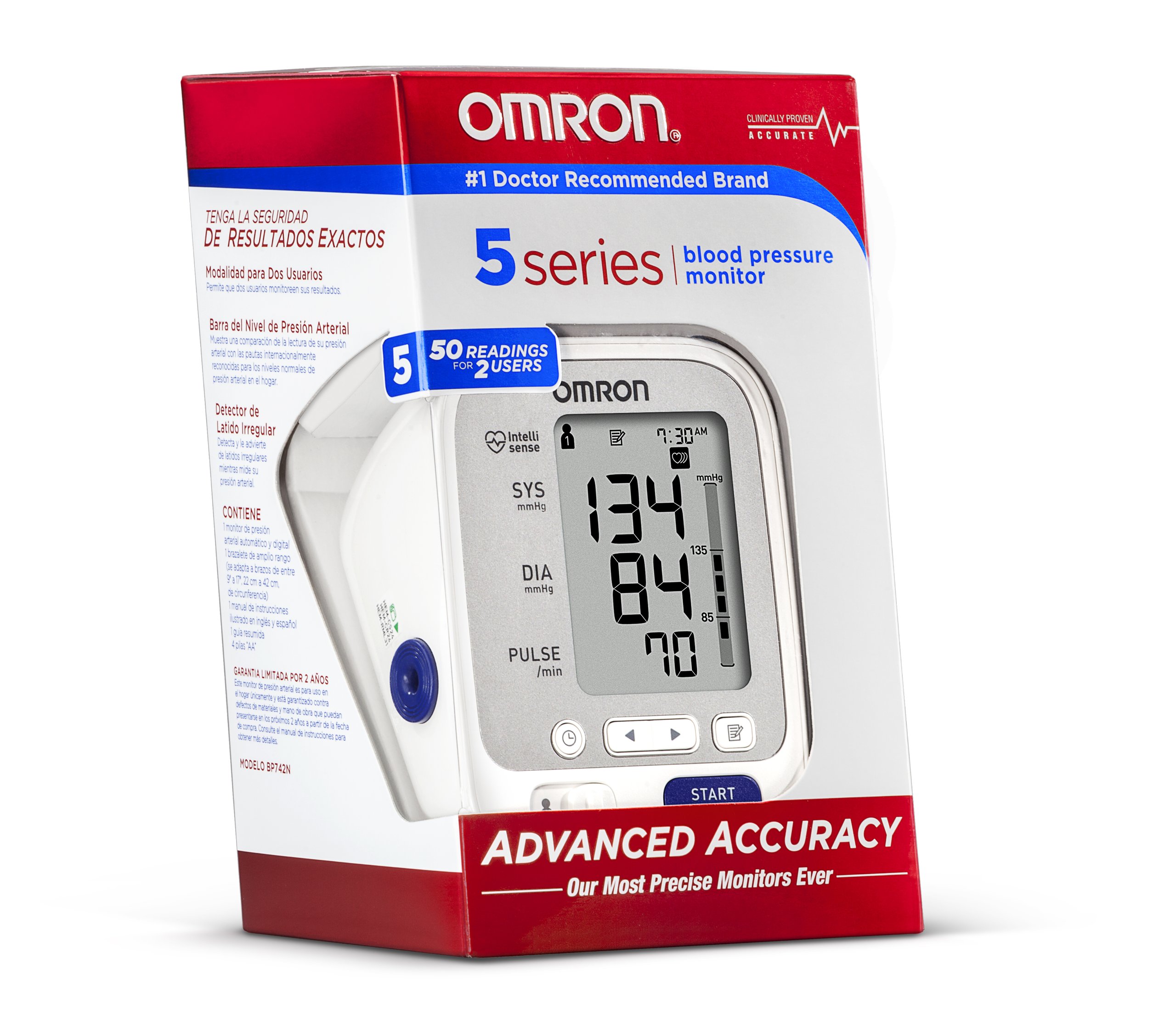 Omron 5 Series Upper Arm Blood Pressure Monitor; 2-User, 100-Reading Memory, Soft Wide-Range Cuff, #1 Dr. Recommended by Omron