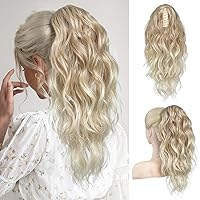 FLUFYMOOZ Ponytail Extension, 18 Inch Claw Clip Ponytail Extension, Wavy Curly Claw Clip in Ponytail Hair Extensions, Natural Fake Ponytail Synthetic Hairpiece for Women (Dark Blonde to Light Blonde)