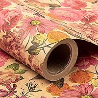 RUSPEPA Kraft Wrapping Paper Roll - Oil Painting Style Colorful Flowers and Plants Pattern - 30 Inches x 100 Feet