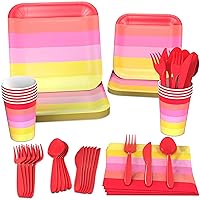 Crayola Color Pop Warm Rainbow Stripe Party Supplies (12 Dinner Plates, 12 Dessert Plates, 12 Paper Cups, 24 Napkins, 12 Sets of Plastic Cutlery) for Birthdays, Baby Showers, Mother's Day