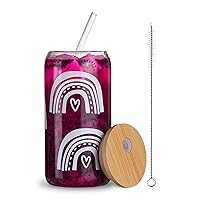 Ice Coffee Cup with Bamboo Lids and Glass Straw,16oz Sublimation Boho Printed Beer Can Glasses,Ideal for Cocktails,Whiskey,Beer,Soda and Gifts（C01-rainbow
