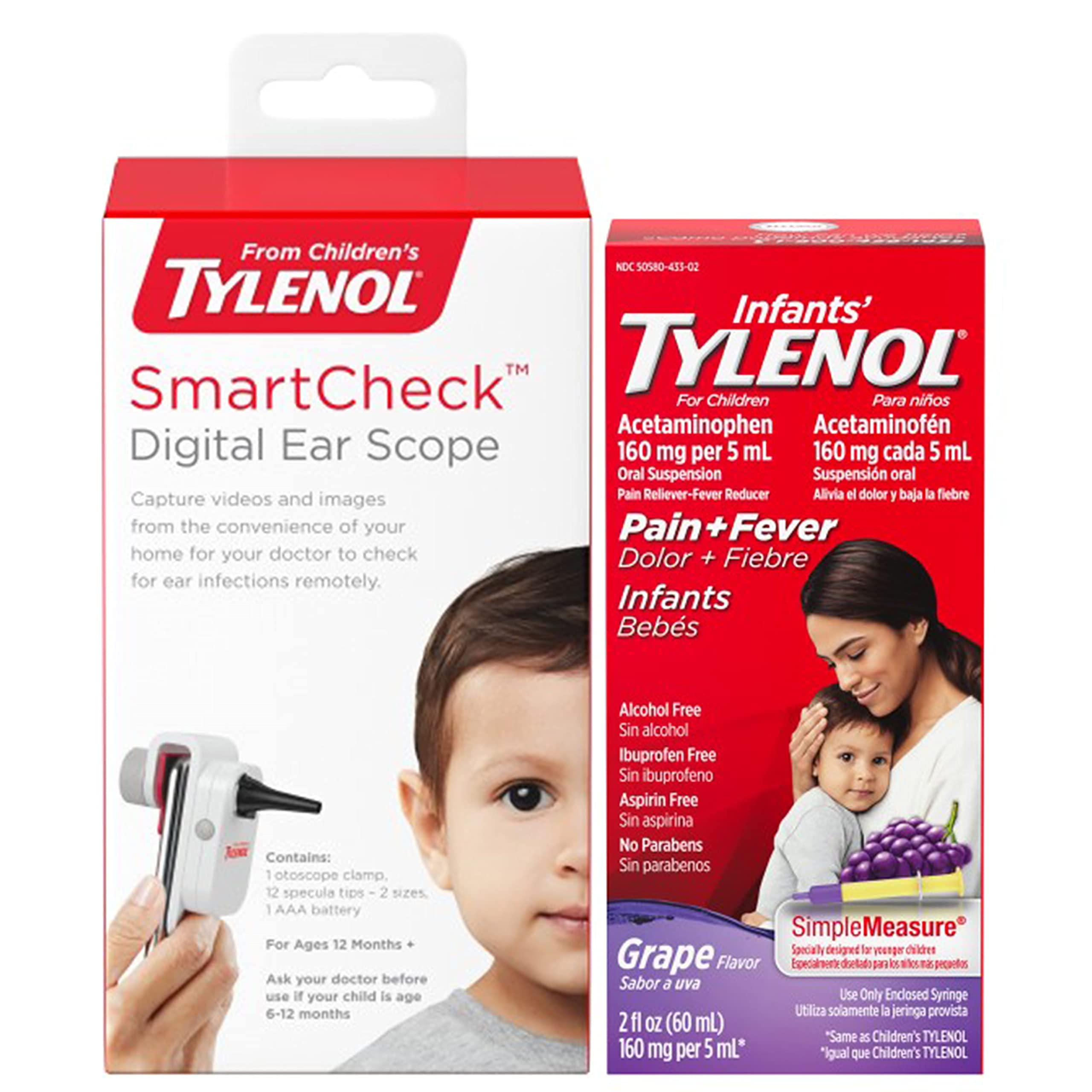 SmartCheck from Children's Tylenol Digital Ear Scope Otoscope with Light for iPhone, 1 Clamp & 12 Tips & Infants' Tylenol Oral Suspension Liquid Medicine with Acetaminophen for Pain Relief, 2 fl. oz