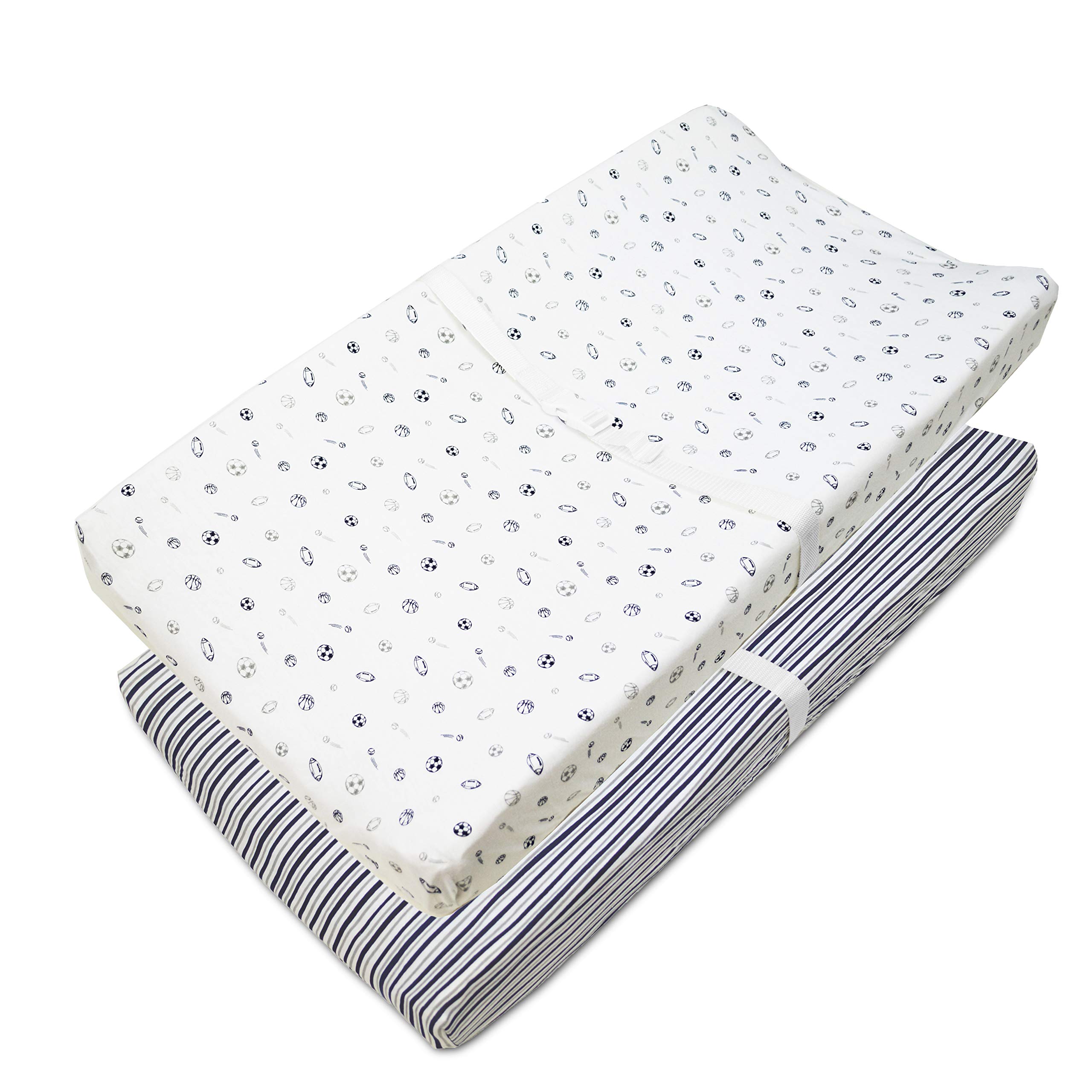 American Baby Company 2 Pack Printed 100% Cotton Knit Fitted Contoured Changing Table Pad Cover - Compatible with Mika Micky Bassinet, Gray Stripes and Sports, for Boys and Girls