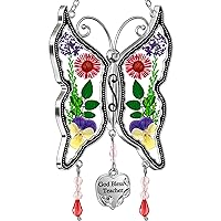 KY&BOSAM Butterfly Suncatcher God Bless Teacher Stained Glass Sun Catcher for Windows Hangings Wind Chimes with Metal Heart Charm Birthday Gifts for Teacher`s Day Christmas Color Box Package