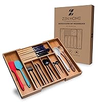 ZEN HOME Bamboo Cutlery Tray for Drawers with Knife Block, Extendable 33-55 x 43 x 5 cm, Non-Slip Cutlery Organiser Drawer Insert (5-7 Compartments)