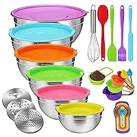 Mixing Bowls with Airtight Lids, 27 PCS Premium Stainless Steel Mixing Bowls with 3 Grater Attachments & Kitchen Utensils Set - Thick Metal Nesting Bowls for Kitchen, 1/1.5/2.5/3.5/4.5/5.5 Qt